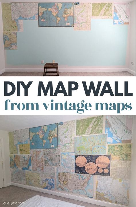 You can create gorgeous wallpaper using old maps. I'm sharing everything you need to know to make this a super easy DIY including where to find great maps, how to get the wrinkles out, how to attach them, and tips to make the whole thing look amazing. Map Collage Wall, Map Diy Projects, Vintage Map Wallpaper, Wall Of Maps, Map On Wall, Map Collage, Diy Map, Gorgeous Wallpaper, Collage Diy