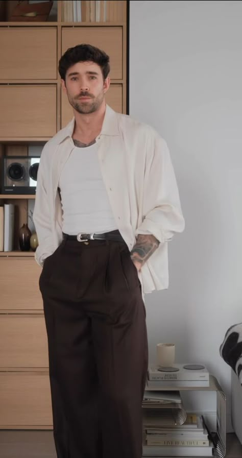 Mens Casual Evening Outfit, Trending Male Outfits, Men Clothing Styles Aesthetic, Mens Musician Style, Brown Shirt Outfit Men Street Styles, Broad Shoulder Men Outfits, Semiformal Outfit Hombre, Men’s Vintage Fashion, Daniel Simmons