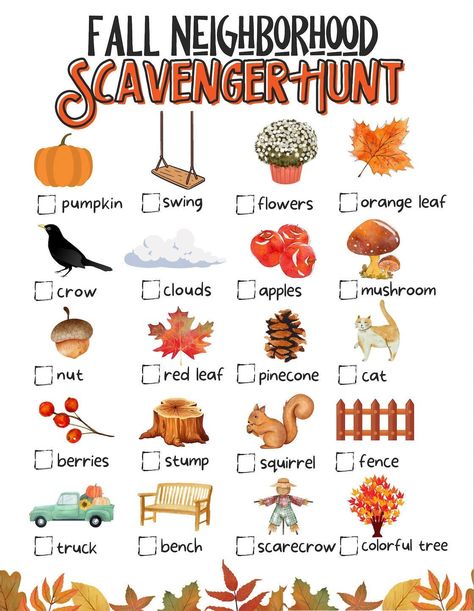 Family Fall Scavenger Hunt Ideas, Halloween Scavenger Hunt In The Woods, Call Activities For Preschool, November Scavenger Hunt, Fall Themed Scavenger Hunt, Signs Of Fall Scavenger Hunt, November Scavenger Hunt For Kids, October School Age Activities, Fall Activities At Home For Kids