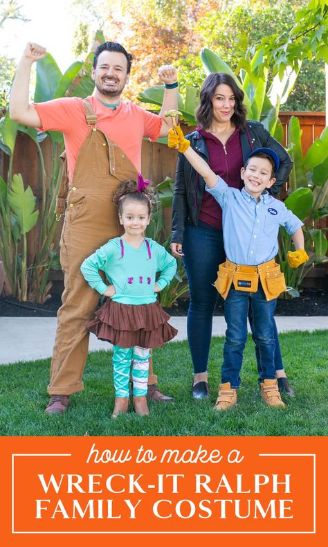 Wreck-It Ralph costumes are a perfect family or group Halloween idea! Check out these easy ways to pull together costumes for the whole family based on this Disney classic. Wreck-it Ralph, Fix-It Felix, Vanellope, and Shank all come to life in this very easy Halloween costume DIY tutorial idea. Wreck It Ralph Halloween Costume, Disney Group Costumes, Wreck It Ralph Halloween, Wreck It Ralph Costume, Disney Family Costumes, Quick Halloween Costumes, Family Halloween Costume, Halloween Parejas, Herbst Bucket List