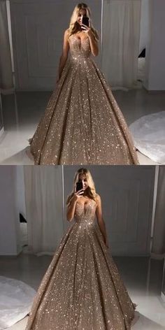 V Neck Sparkly Sequi Chic Prom Dresses, Semi Dresses, Big Dresses, Gorgeous Prom Dresses, Gold Gown, Gaun Fashion, Prom Dresses With Pockets, Long Prom Gowns, Prom Queens