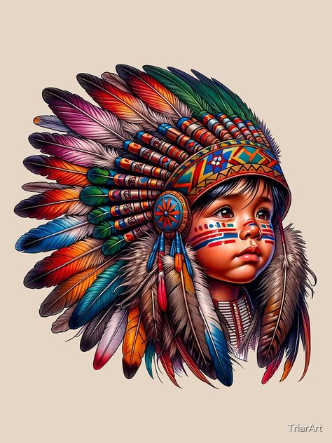 This captivating artwork showcases a young Indian child, pride and wisdom shining through their eyes, adorned with a meticulously detailed and vibrant national feather headdress. Native Headdress Drawing, Headdress Art, Indian Feather Tattoos, Native American Tattoo, Easy Disney Drawings, Native American Headdress, Native American Paintings, American Cartoons, Native American Artwork