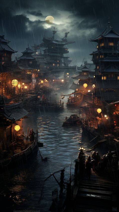 japanese steampunk port city Pirate City Fantasy Art, Japanese Fantasy City, Asian Fantasy City, Port City Fantasy Art, Fantasy Port City, Feudal Japan Aesthetic, Fantasy Port Town, Japanese Steampunk, Shipwreck Cove