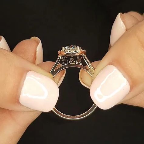 Engagement & Wedding 💍 Gallery on Instagram: “Gorgeous custom-made halo with hidden initials 😍🙌🏻 Who else loves this personalisaion option? 💗 Double tap if you love this & tag a…” K Alphabet, Ring Gifts, Round Halo, Ring Halo, Letter Ring, Handmade Gifts For Her, Moissanite Wedding Rings, Custom Initials, Matching Band