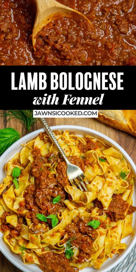 This easy and delicious Lamb Bolognese recipe combines Lamb, carrots, onion, fennel, tomatoes and wine for a rich and meaty sauce that's perfect for serving over a pile of tagliatelle, or your favorite pasta. A fun twist on a classic Bolognese, this Lamb version has a distinctly delicious flavor all it's own! Lamb Bolognese Recipes, Lamb And Pasta Recipes, Spring Pasta Bolognese With Lamb And Peas, Pasta With Lamb, Lamb Bolognese, Classic Bolognese, Lamb Ragu Pappardelle, Braised Lamb Ragu, Bolognese Sauce Authentic