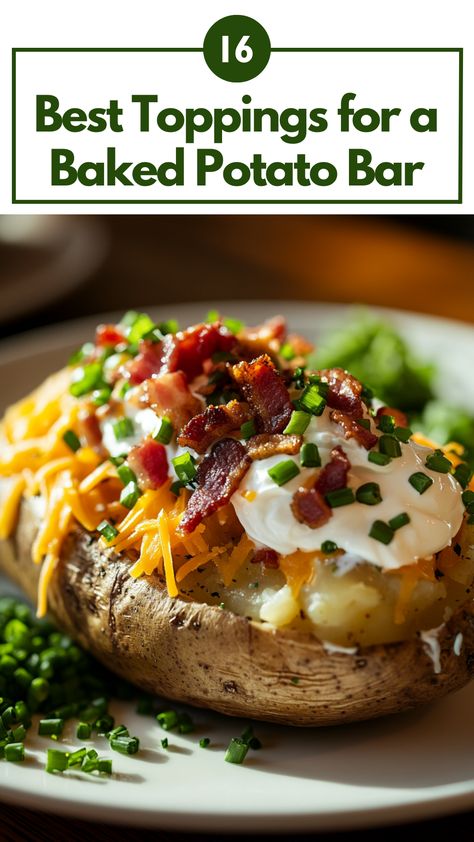 A loaded baked potato bar with popular toppings like cheddar cheese, sour cream, bacon, and chives arranged for a gathering. Bake Potatoes Topping Ideas, Baked Potatoes Bar Toppings, Baked Potatoes With Toppings, Baked Potato Party Bar, Ultimate Baked Potato, Potatoe Bar Toppings, Baked Potato And Chili Bar, Bake Potatoes Recipes Stuffed, Baked Potatoes Charcuterie Board