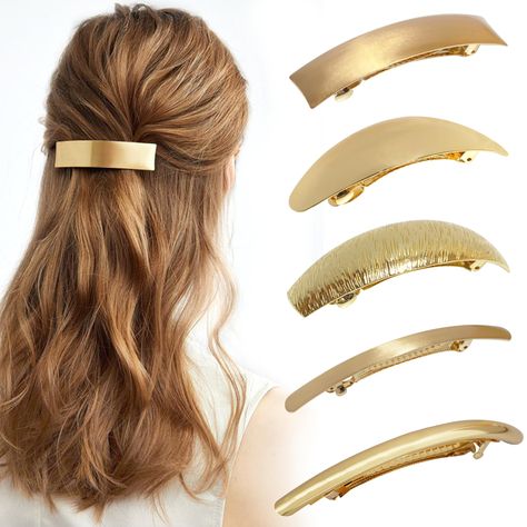 PRICES MAY VARY. Package includes: 5 pieces arc metal hair clips,Perfect for every occasion and any wonderful season.Elegant unique designed Fantastic hair clips for women lady Material: Alloy, high quality alloy makes them much pretty and exquisite Design: Simple design, fashionable style, add brilliance to your hair. The metal hair clip is designed with a snap switch that does not hurt the hair This long hair clip can go with any outfit you wear dressy or casual days NOT SUITABLE FOR CHILDREN Hair Clip Design Ideas, 90s Hair Clips, Gold Barrette, Purim Costume, Hair Clips Gold, Banana Clips, Gold Hair Clip, Long Hair Clip, Concert Ideas