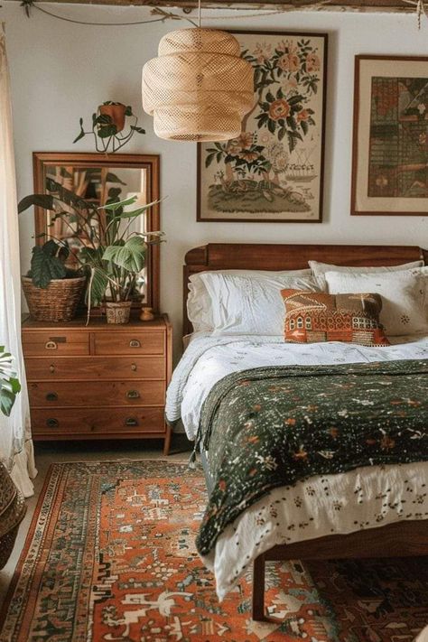 Small Bedroom Brown Furniture, Easy Bedroom Inspirations, Color Themes Interior Design, Bedroom Ideas Wooden Furniture, Boho Earth Tone Bedroom, Bedroom Decor Big Room, Apartment Boho Bedroom, Outside Bedroom Door Decor, Cozy Cabin Home Aesthetic