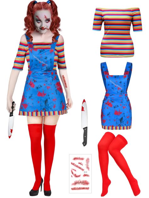 PRICES MAY VARY. Women Halloween Costume Set: our Halloween doll costume set includes a blue cartoon dress, a stretch rainbow striped t shirts, a red socks, a sheet of scar tattoo stickers and a fake knife; Meet your role playing needs and provide you with a happy Halloween experience Proper Size: The strap skirt of the Halloween doll clown costume set adopts adjustable buttons, you could change the length of the strap; These clothes have enough elasticity to adapt to various body shapes; Please Clown Doll Halloween Costume, Halloween Costumes Non Binary, Scary Costumes Women, Contest Winning Halloween Costumes, Horror Movie Costumes For Women, Guy Cosplay, Fake Knife, Movie Character Outfits, Costume Rainbow