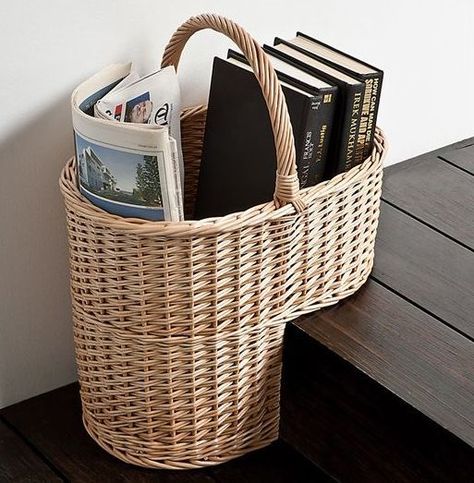 Stair basket: the answer for easily transporting things from floor floor. Having a "why didn't I think of this sooner?!" moment. Stair Basket, Organised Home, Potato Storage, Clothes Racks, Newspaper Basket, Paper Weaving, Small Space Storage, Shoe Racks, Upcycled Home Decor