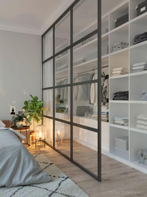 Glass Screen Closet Wall - 9 Amazing Bedroom Divider Closet Ideas To Maximize Your Space: A glass wall helps as a dividing wall helps the bedroom to feel a little more open even though there is a wall divider between the bedroom and the closet space. Just draw the curtain to hide the closet area while sleeping. Design by Olga Shatkovskaya. @chloedominik #bedroomdivider #bedroomdivisionideas  #bedroomdividerideas #bedroomclosetdividerideas #bedroomclosetdivider #glassdividerwallbedrooms Bedroom Divider, Scandinavian Design Bedroom, Desain Furnitur Modern, Scandinavian Bedroom, غرفة ملابس, Bedroom Wardrobe, Trendy Bedroom, Hem Design, Closet Designs