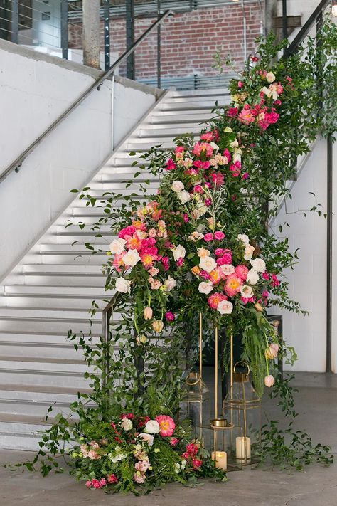 Romantic Industrial Wedding Inspiration from Lightly Photography | Floral: Sage Fine Flowers #bridesofnorthtx #weddings #weddinginspiration #floralinspiration Modern Wedding Arch, Wedding Staircase Decoration, Romantic Industrial Wedding, Moody Industrial, Wedding Stairs, Wedding Centerpeices, Wedding Peonies, White Modern Wedding, Wedding Staircase