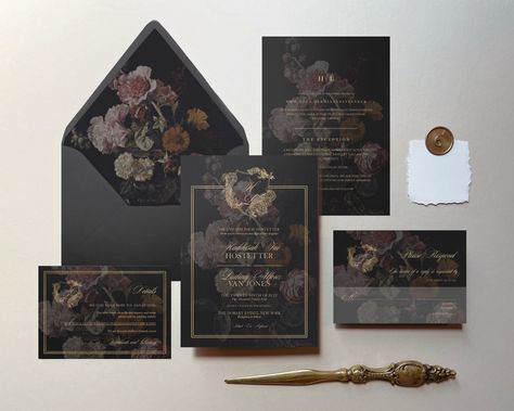 WELCOME Thank you so much for choosing The Painted Papier for your wedding invitations! This dark, moody floral design with gold crest monogram elements from our Fae collection is a perfect opening statement piece for your wedding. At The Painted Papier, our goal is to pair you with the perfect wedding design for your aesthetic and help you carry it through the whole of your wedding timeline. We can match you with coordinating items from your save the dates all the way to your wedding thank you Dark Floral Wedding Invitation, Moody Romantic Wedding Invitations, Dark Romantic Wedding Invitations, Moody Save The Dates, Dark Academia Wedding Invitations, Moody Invitations, Black Wedding Invitations Classy, Goth Wedding Invitations, Vamp Wedding