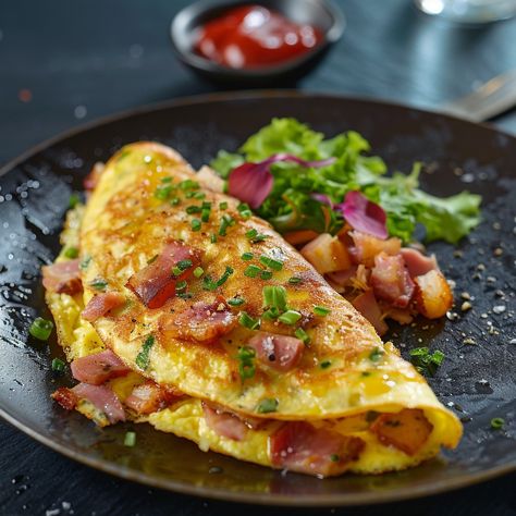 Recipe for Gourmet Omelette with Bacon and Ham Ingredients: 4 large eggs 1/4 cup milk or cream Salt and black pepper to taste 2 tablespoons butter 1/2 cup cooked bacon, chopped 1/2 cup cooked ham, diced 1/4 cup grated cheese (cheddar, Gruyere, or your favorite) 2 tablespoons fresh chives, chopped Fresh parsley, chopped (for garnish) Mixed greens (for serving, optional) Instructions: Prepare the Egg Mixture: In a medium bowl, whisk together the eggs, milk or cream, salt, and black pepper unti... Bacon Egg And Cheese Aesthetic, Grits Eggs And Bacon, Healthy Eggs Recipes, Bacon And Cheese Omelette, Egg Dish Recipes, Yummy Egg Breakfast Ideas, Omlete Recipe Omelettes, Gourmet Omelette, Egg Meals