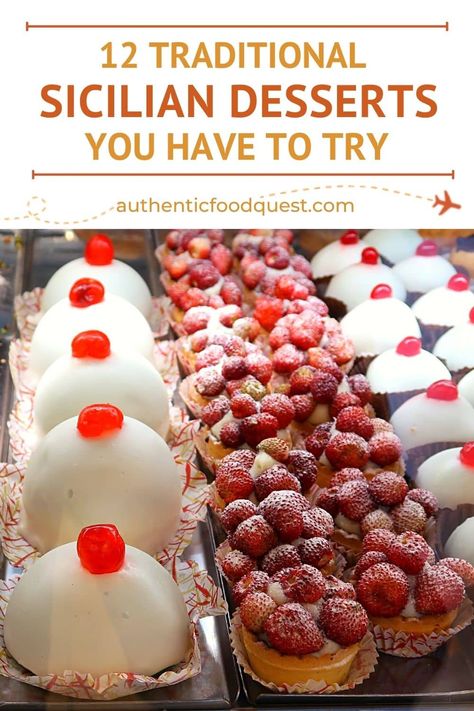 There's nothing quite like Sicilian desserts. From cassata to cannoli, these traditional sweets will transport you to the sunny island. Here are some of our favorite Sicilian desserts, each with their own unique flavor profile. Indulge in a sweet taste of Sicily! | Authentic Food Quest. Sicilian Desserts Traditional, Sicilian Recipes Desserts, Fancy Italian Desserts, Italian Fruit Desserts, Sicilian Dessert Recipes, Sicilian Food Authentic, Italian Pastries Traditional, Authentic Italian Recipes Sicily Sicilian Food, Traditional Sicilian Recipes