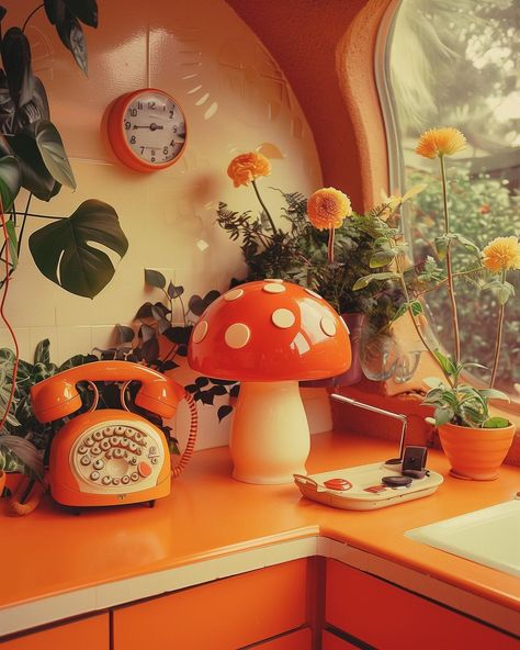 𝑳𝑺𝑽 | Prompt Engineer | POV: you’re about to call someone from your mushroom phone in your 70s retro kitchen. 10/10 relatable #interior #interiordesign… | Instagram Retro Aesthetic Photos, 70s House Interior Retro, 70 House Decor, 70s Theme Kitchen, 50’s Decor, 60s House Aesthetic, 70s Retro Futurism, 70s Headboard, 70s Maximalism