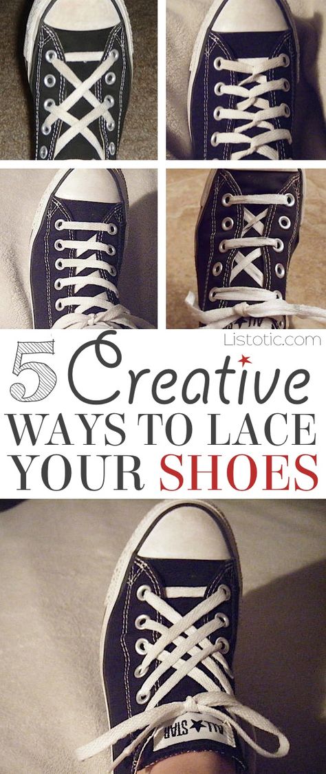 5 Fun and creative ways to tie your shoes! How to tie your shoelaces cool with these easy lacing techniques... Perfect for Converse or any sneakers. Listotic.com Ways To Tie Your Shoes, Lace Your Shoes, Converse Haute, Lacing Techniques, How To Lace Converse, Tie Your Shoes, Ways To Lace Shoes, Creative Shoes, Green Converse