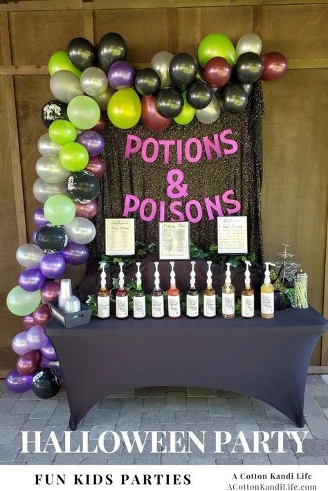 How I threw a Fun Kids Halloween Party with a Potions and Poisons Bar. We did a Halloween Movie Concession Stand all around Italian Soda Syrups. Checkout the Whole Blog Post. **** Cute, Not Scary Halloween Party Themes for Kids. Young Kids Party Ideas. Preschool Party, Kindergarten Classroom Party Ideas. October Birthday Party Ideas. Halloween Balloon Garland Witch Birthday Party Games, Halloween Party Decor For Adults, Halloween Themed Birthday Party Games, Halloween Decorations Party For Adults, Halloween Party Theme Ideas For Adults, Witch Party Food, Halloween Booth Ideas, Witch Party Ideas For Adults, October Birthday Party Ideas