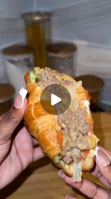 Steak And Cheese Croissant, Stuffed Croissants Dinner, Sloppy Joe Croissants, Sandwiches With Croissants, Ground Beef Croissant Recipe, Crossiant Recipes Sandwiches, Football Sandwich Ideas, New York Chopped Cheese Sandwich, Pizza Croissant Rolls