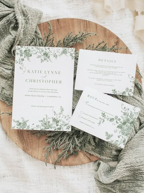 "This DIY editable wedding invitation template is available for instant download. It features beautiful green florals with a minimalist Bridgerton touch. You have the freedom to edit wording, font type, size, color, line and text spacing, background, add images, and more. Once you have placed your order, you'll receive a link to edit your template directly in your browser, using the TEMPLETT.COM platform. No need to install any software or special fonts. You can save your template and continue e Moss Green Wedding Invitation, Green And White Wedding Invitations, Sage Wedding Invitations, Wedding Invitations Green, Wedding Invitations Examples, Vintage Floral Wedding, Floral Invitations Template, Snapchat Filter, Watercolor Graphic