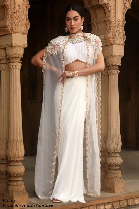 Ivory Color Designer Saree Cape Dress Indian, Dhoti Dress, Hem Embroidery, Online Wedding Dress Shopping, Indian Wedding Dresses, Sheer Cape, Diwali Outfits, Scallop Border, Outfits Indian