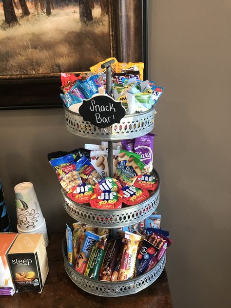 Office Snack Bar Snack Bar Small Space, Snack Bar At Home Ideas, Snack Bar Display Ideas, Office Snacks To Share, Meeting Room Snack Bar, Staff Break Room Snack Ideas, Snack Area In Family Room, Family Room Snack Station, Man Cave Snack Bar