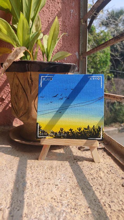 Blue And Yellow Canvas Painting, Blue And Yellow Acrylic Painting, Aesthetic Sky Painting Acrylic, Sky Painting Ideas, Yellow Inspiration, Cute Easy Paintings, Blue Drawings, Sky Art Painting, Square Painting