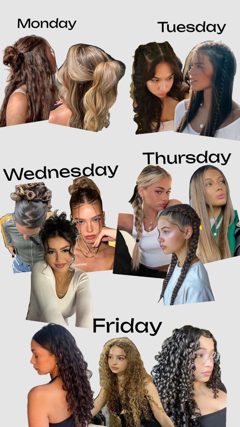 #fyp #hair #hairstyles #hairinspo #school #schoolhairstyles #week #schoolweek Cute Easy First Day Of School Hairstyles, Back Yo School Hairstyle, Hairstyles For After Wash Day, School Spirit Hairstyles, School Photo Hair Ideas, Hair Of The Week, Week Hairstyles Ideas, Days Of The Week Hairstyles, Hairstyles With Sweatshirts