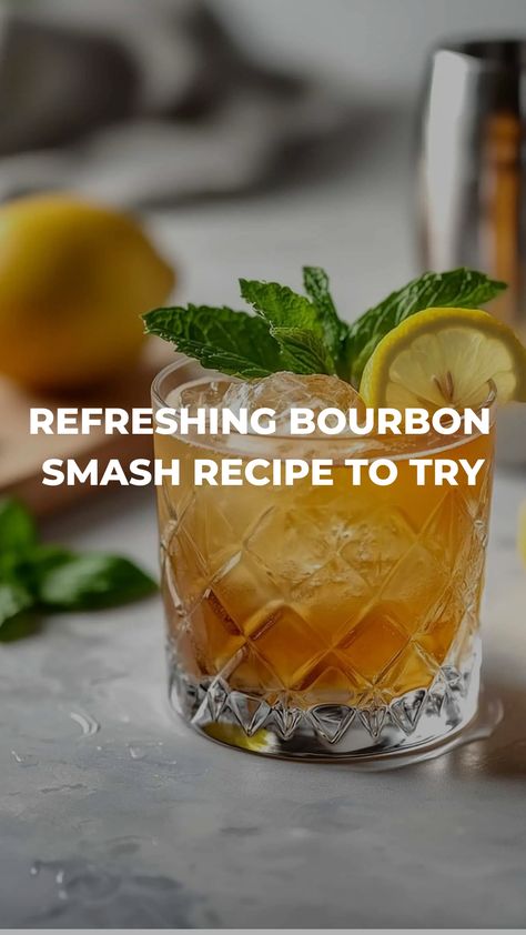 Looking to add a festive touch to your fall celebrations? Try this delicious Bourbon Smash recipe! This refreshing cocktail combines the rich flavors of bourbon with the sweetness of fresh fruits, making it the perfect drink for autumn gatherings. Whether you're hosting a cozy night in or just looking to relax after a long day, this fall cocktail is sure to impress your guests. Give it a try and savor the taste of the season with every sip! Bourbon Smash Cocktail Recipes, Pool Party Cocktails, Bourbon Smash Cocktail, Party Drink Recipes, Cocktail Party Drinks, Bourbon Smash, Party Food Bar, Bourbon Recipes, Whiskey Recipes