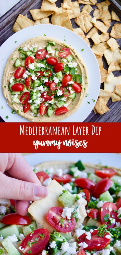 Mediterranean Layer Dip - Creamy hummus is topped with crisp cucumber, sweet tomatoes, salty feta & fresh parsley and served with crunchy pita chips for a super easy and healthy appetizer that comes together in just a few minutes. | YummyNoises.com Layered Hummus Dip Feta, Hummus Feta Cucumber Dip, Hummus Feta Dip, Hummus Dip With Feta, Pita Chips And Dip, Pita Chip Dip, Cucumber Ideas, Dunking Booth, Keto Supper