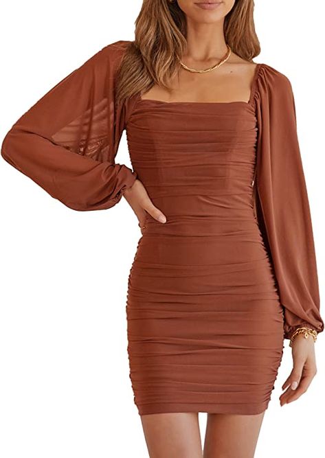 Amazon.com: MASCOMODA Women Elegant Square Neck Lantern Long Sleeve Mini Ruched Bodycon Dress Stretch Mesh Slim Party Cocktail Dresses(Small,Caramel) : Clothing, Shoes & Jewelry Dresses For College, Sorority Date Party, Reception Outfit Ideas, Ethereal Outfit, Maternity Dress Wedding Guest, Dresses From Amazon, Short Casual Dresses, Color Palette Warm, Turquoise Purse