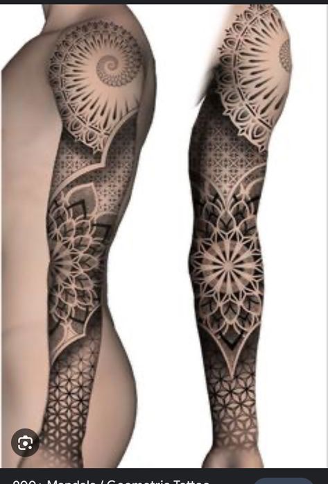 Thigh Tattoo Women, Tattoo Brazo Mujer, Geometric Tattoo Stencil, Women Tattoo Ideas, Geometric Tattoo Sleeve Designs, Geometric Tattoo Pattern, Tattoo Leggings, Chicanas Tattoo, Full Hand Tattoo