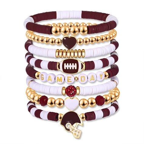 PRICES MAY VARY. ♥ Game Day Bracelets -- Support your favorite sports teams in style with our game day heishi bracelets. We offer a wide variety of colors and styles to match your favorite team's jerseys. These 8 strands of beaded stretch bracelets consist of tiny beads and 6mm polymer clay beads in vibrant team colors, accent with letter ‘#1’, ‘GO’ and ‘GAME DAY’, playful yet sophisticated. Embrace the thrill of gameday or liven up your everyday looks with these red/blue spirit day accessories Bracket Inspo Beads, Womens Beaded Bracelets, Thanksgiving Beaded Bracelets, Personalized Name Bracelets, Cute Bracelet Stacks, Seasonal Bracelets, Cute Clay Bead Bracelets, Polymer Clay Bracelet Ideas, Clay Bracelet Ideas