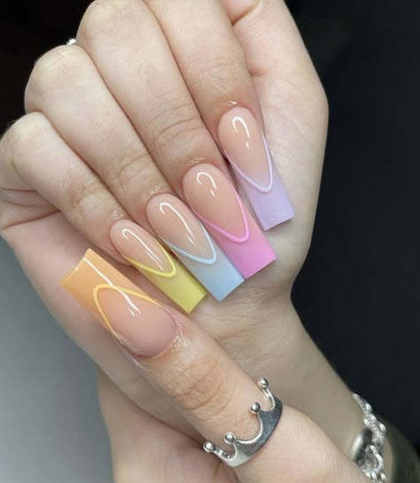 Easter Color Nail Ideas, Colorful French Tip Nails Square Long, Trendy Easter Nails, Easter Inspo Nails, Easter Nail Ideas Square, Easter Nail Designs Square, April Nails Coffin, Simple Easter Nails Acrylic, April Nails Square