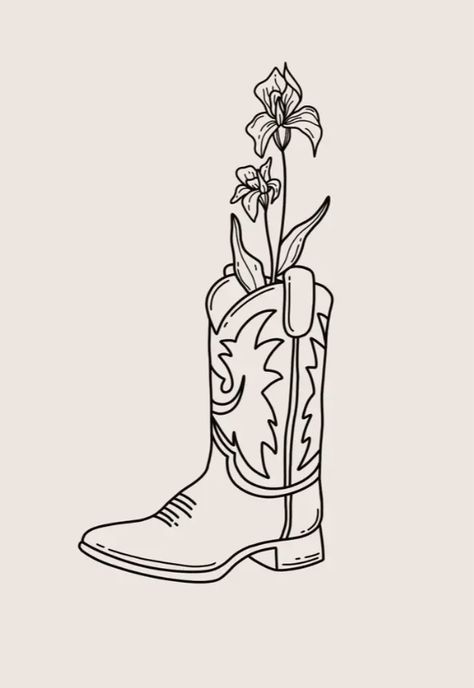 Fineline Cowboy Tattoo, Nashville Tatoos, Friend Country Tattoos, Cowboy Boot Outline Drawing, Funny Cowboy Tattoo, Cowboy Boot Design Drawing, Cowgirl Boot Doodle, Cowboy Hat Aesthetic Drawing, Cowboy Boot Tattoo With Spur