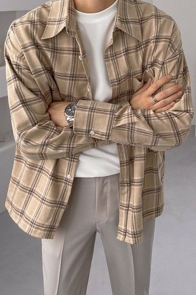 Plaid Flannel Outfit Men, Checkered Shirt Outfit, Brown Plaid Flannel, Checkered Outfit, Plaid Shirt Outfits, Shirt Outfit Men, Plaid Shirt Men, Plaid Shirts, Korean Clothing