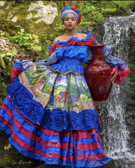 Haitian Cultural Clothing, Dominican Culture Clothing, Traditional Carribean Clothing, Traditional Haitian Clothing, Traditional Jamaican Clothing, Haitian Karabela Dress, Brazilian Dress Traditional, Karabela Dress Haiti, Dominican Dress