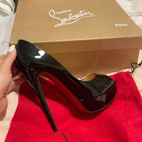 Never Worn! Brand New Peep Toe Platform Black And Red High Heels, Platform Louboutin Heels, Christian Louboutin Heels Aesthetic, Red Bottom Outfits, Heel Ideas, Louis Vuitton Heels, Red Bottom Heels, Heels Aesthetic, Black Peep Toe Heels