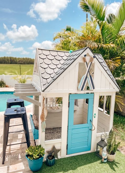 Beach Hut Playhouse Makeover – Emelia Simoneau Beach Playhouse Makeover, Beach Hut Playhouse, Surf Shack Playhouse, Tiki Playhouse, Coastal Playhouse, Beach Playhouse, Little Tikes Playhouse Makeover, Playhouse Door, Beach Hut Shed