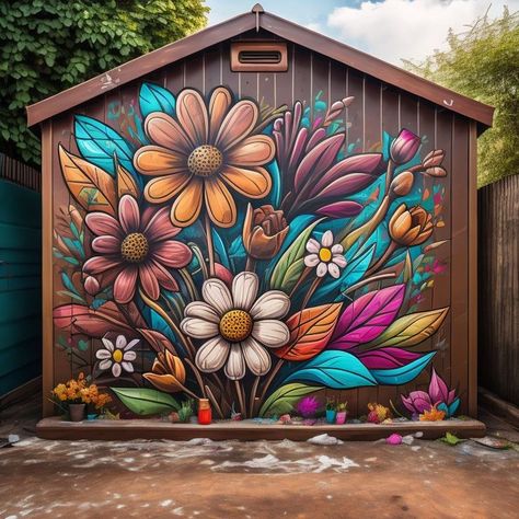 Flower Mural Door, Backyard Mural Ideas, Shed Mural, Hedgehog Garden, Mural Outdoor, Woods Living, Mural Garden, Counselling Office, Backyard Creations