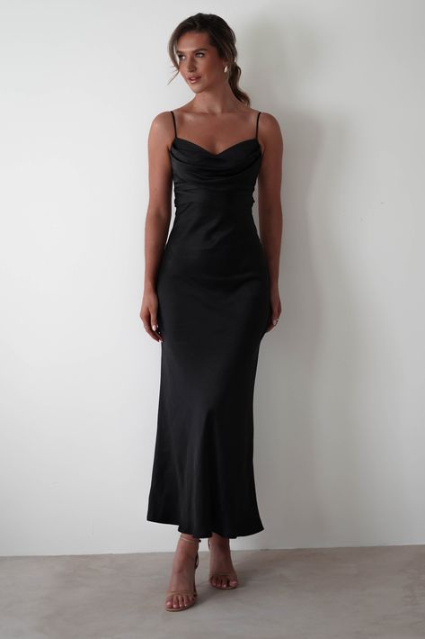 Highlights Stunning satin midi dress Cowl neckline Lace-up detail - can be worn at the front or back Sizing The model is 5'10 and wears UK size 8 / S / US size 4 Fit & Fabric Made from 100% Polyester Rear zip Not lined Smaller bust than usual - We advise sizing up if you are above a C Cup Length from top of shoulder to hem: 133cm Stretch: 5/10 Perfect for Wedding guest Graduations Christenings and special occasions Black Satin Dress Nordstrom, Plus Black Silk Dress Night Out, Midi Dress Black Satin, Black Satin Dress Long Midi, Luxury Black Satin Midi Dress, Black Dresses Midi Formal, Black Bridesmaid Dresses Straight Neckline, Stunning Party Dresses Midi, Bridesmaid Dresses Black Wedding Dress