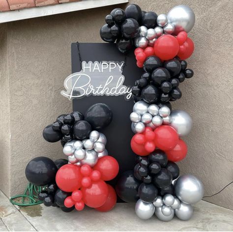 Red Silver Birthday Decor, Red Black And White Balloon Garland, Spiderverse Party, Silver Balloon Garland, Black And White Balloons, Baby Shower Balloon Arch, 60th Birthday Party Decorations, Ring Decoration, Black And Gold Balloons