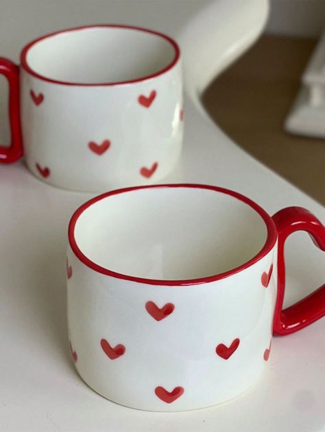 1pc Hand-Painted Red Heart Ceramic Mug, Creative Heart Shaped Cup, Gift For Kitchen Hand Drawn Love    Porcelain     Storage & Organization, size features are:Bust: ,Length: ,Sleeve Length: Mug Painting Ideas For Boyfriend, Painting Mugs Ideas Easy, Ceramic Mug Ideas Handmade, Hand Painted Mugs Ideas, Pottery Painting Mug, Mug Decorating Ideas, Pottery Projects, Heart Ceramic, Color Me Mine