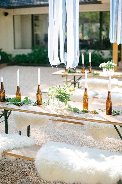 Beer Bottle Candle Holders, Backyard Beer Garden, Beer Garden Ideas, Unity Candle Alternatives, Beer Bottle Candles, Dollar Tree Centerpieces, Summer Wedding Ideas, German Wedding, Ultimate Backyard