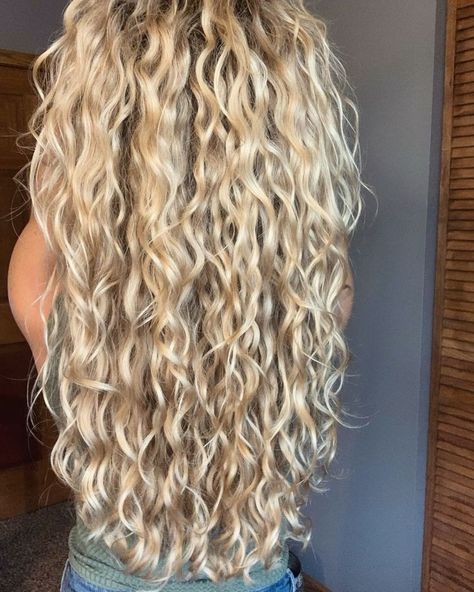 Long Curly Blonde Hair Natural, Perm On Long Blonde Hair, Long Blonde Hair Perm, Really Curly Blonde Hair, Blonde Curly Hair Hairstyles, Blonde Hair Curly Natural, Blonde Curly Hair With Highlights, Curly Blonde Hair Naturally, Dirty Blonde Hair With Highlights Curly