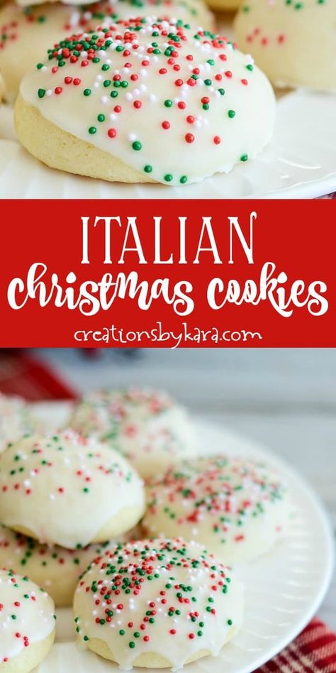 Easy Italian Christmas Cookies recipe - Soft cake like cookies with creamy glaze and sprinkles. These pretty cookies are sure to be a hit! #italiancookies #italianchristmascookies #italianweddingcookies #christmascookies Cake Like Cookies, Italian Christmas Cookie Recipes, Italian Cookie Recipe, Christmas Cookies Recipe, Italian Wedding Cookies, Cookie Glaze, Soft Cookie Recipe, Soft Cake, Italian Christmas Cookies