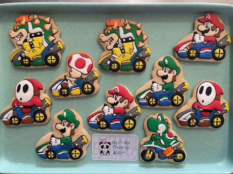 Mario Kart Birthday Cookies, Mario Cart Cookies, Mario Kart Cookies Decorated, Super Mario Bros Cake Pops, Mario Kart Cookies, Mario Kart Birthday, Go Kart Party, Mario Kart Party, Mario Bros Cake