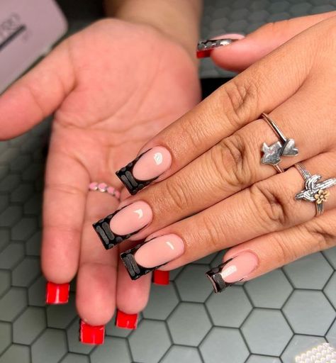 Acrylic Nail Designs Red Bottoms, Red Bottoms Nails Acrylic, Red Bottoms Nails Black, Bottom Color Nails, Nail Inspo Red Bottoms, Short Black Acrylics With Design, Long Square Acrylic Nails Red And Black, Short Black Red Bottom Nails, Red Black And White French Tip Nails