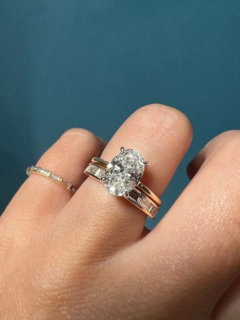 Baguette Wedding Band With Solitaire Engagement Ring, Baguette Band With Oval Ring, Stacking Solitaire Diamond Rings, Stacked Engagement Ring Silver, Oval Wedding Ring Set Stack Mixed Metal, Ring Stacking Ideas Wedding Bands Oval, Oval Engagement Ring With Baguette Wedding Band, Oval Channel Set Engagement Ring, Wedding Ring Stack Platinum