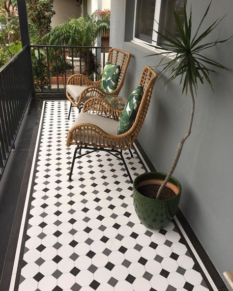 Renditions Tiles on Instagram: “Tessellated Verandah & Pathway  Floor Scheme.  Super white Oxley Pattern with alternating 50mm dots + Double strip border 48mm + infill…” Black And White Balcony Tiles, Balcony Floor Tiles Design, Terrace Design Floor, Small Balcony Tiles Floors, Tiled Porch Floor Entrance, Balcony Tiles Floors, Brick Pathways, Balcony Tiles, Balcony Floor